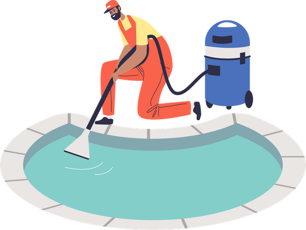 Travailleur nettoyant l'eau dans la piscine avec un aspirateur  Illustration