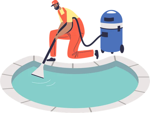 Travailleur nettoyant l'eau dans la piscine avec un aspirateur  Illustration