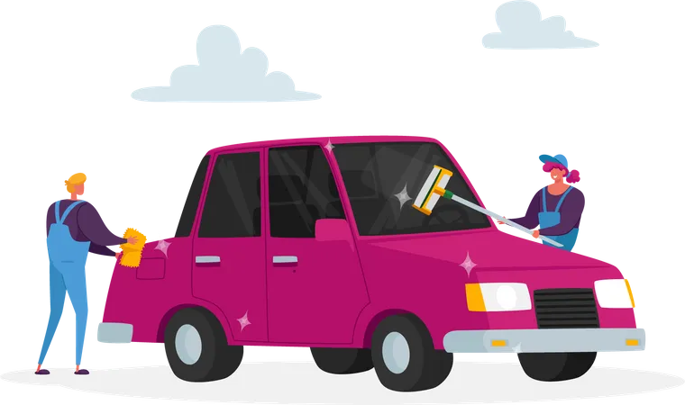 Voiture de nettoyage de travailleur avec essuie-glace et vadrouille de nettoyage  Illustration