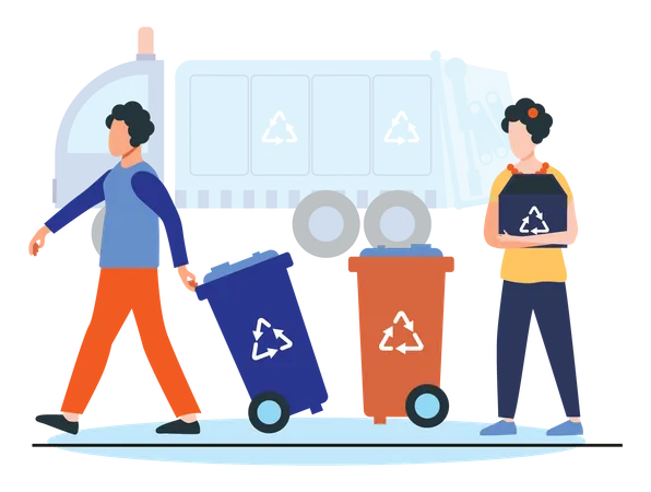 Ouvrier de nettoyage des ordures transportant des déchets à recycler  Illustration