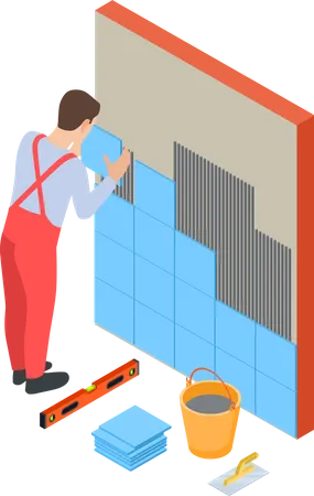 Travailleur installant des carreaux sur le mur  Illustration