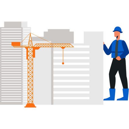 Travailleur regardant le bâtiment de construction  Illustration