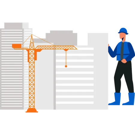 Travailleur regardant le bâtiment de construction  Illustration