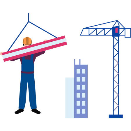 Travailleur transportant une poutre en acier par grue  Illustration