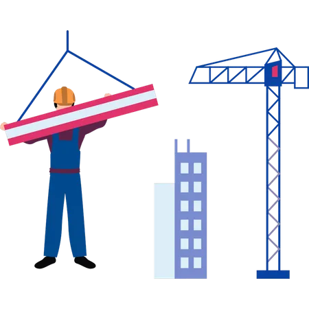 Travailleur transportant une poutre en acier par grue  Illustration