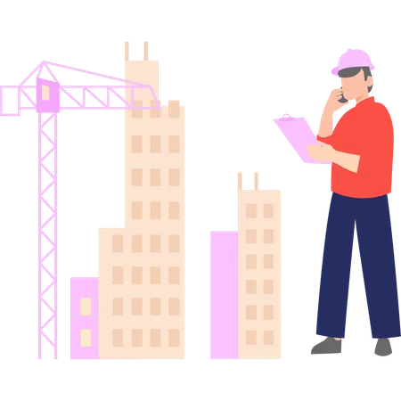 Le travailleur travaille sur un chantier de construction  Illustration