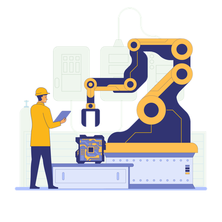 Travailleur utilisant un bras robotisé dans l'industrie  Illustration