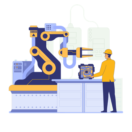 Travailleur utilisant un bras robotisé dans l'industrie  Illustration