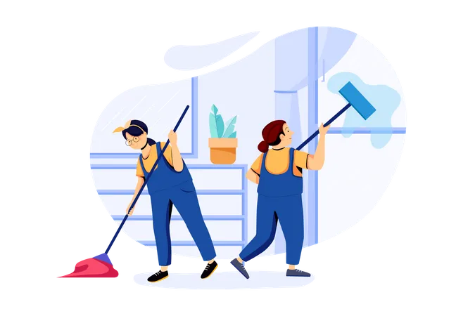 Travailleurs de nettoyage nettoyant la maison avec une vadrouille  Illustration