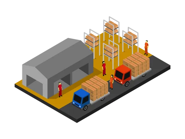 Travailleurs d'entrepôt chargeant des boîtes dans un camion  Illustration