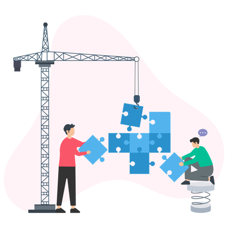 Des ouvriers du bâtiment assemblent des pièces de puzzle avec une grue soulevant une pièce  Illustration