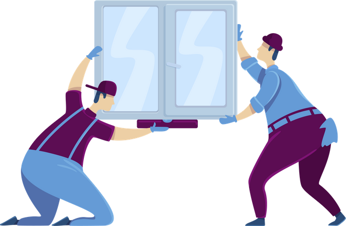 Ouvriers installant une fenêtre  Illustration