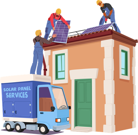 Personnages ouvriers installant des panneaux solaires sur le toit d'une maison avec un camion de service à proximité  Illustration