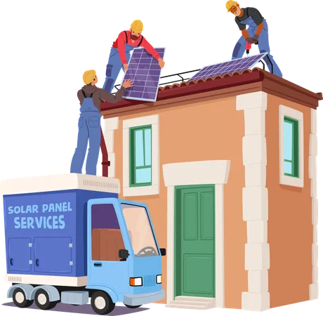 Personnages ouvriers installant des panneaux solaires sur le toit d'une maison avec un camion de service à proximité  Illustration