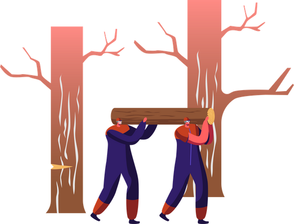 Ouvriers transportant de lourdes bûches de bois sur les épaules en forêt  Illustration