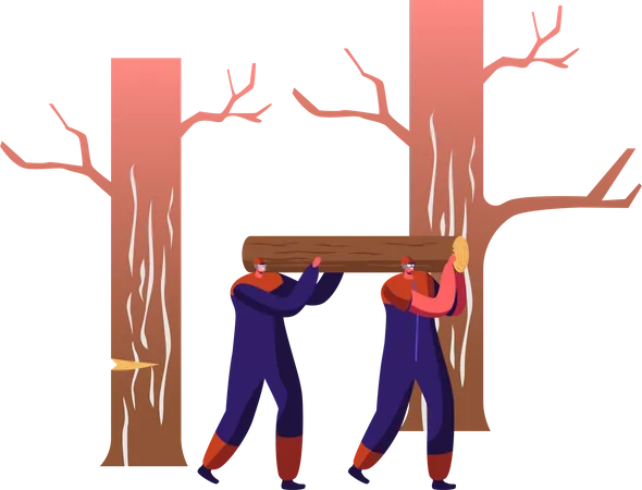 Ouvriers transportant de lourdes bûches de bois sur les épaules en forêt  Illustration