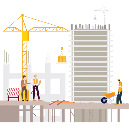 Ouvriers travaillant sur un chantier de construction  Illustration