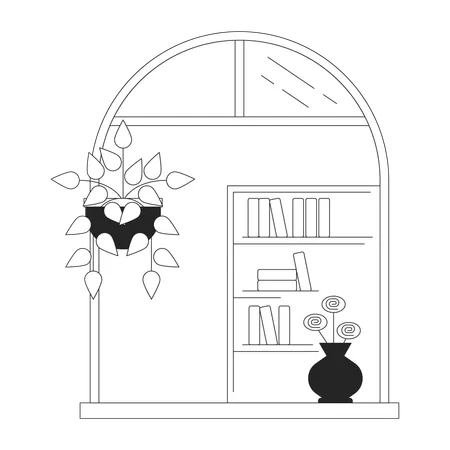 Oval window with decorative plants  Illustration