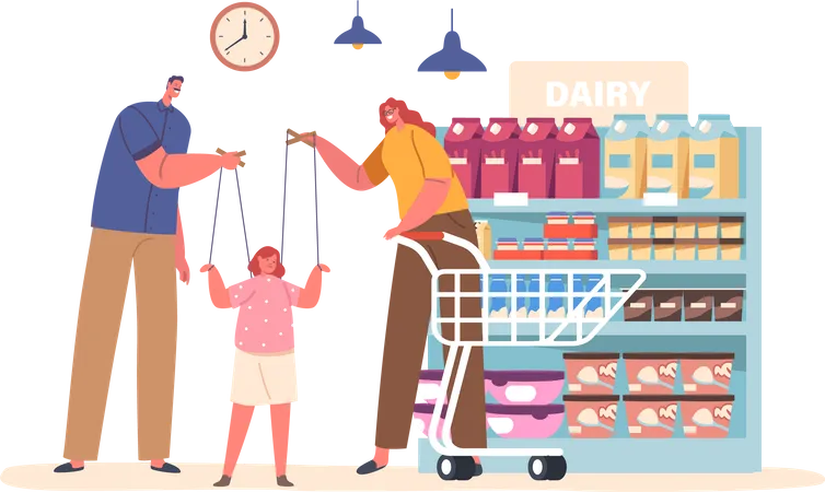 Overbearing Parents Manipulate Their Childs Every Move Exerting Control As If The Child Were A Marionette Suspended By Strings In Supermarket Interior Cartoon People Vector Illustration Illustration