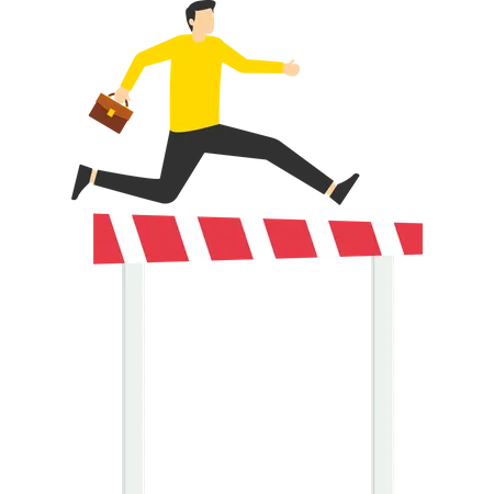 Overcome Obstacles And Success Concept Businessman Holding Briefcase Jumping Over Hurdle Race Obstacle Cartoon Vector Illustration Illustration