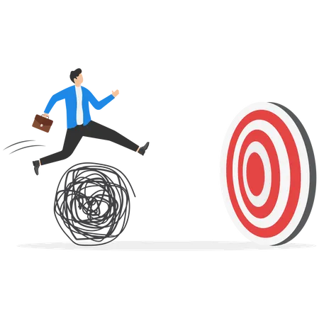 Overcoming Difficulty To Achieve Target Aspiration To Finish Mission Facing Business Obstacle For Success And Experience Concept Businessman Jumping Over Messy Ball To Reach Target Illustration
