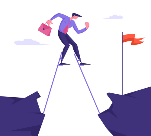 Overcoming Obstacles and Business Competition Concept with Businessman Crossing Abyss on Stilts to Get Red Flag and Achieve Goal. Career Boost and Task Solution. Cartoon Flat Vector Illustration  Illustration