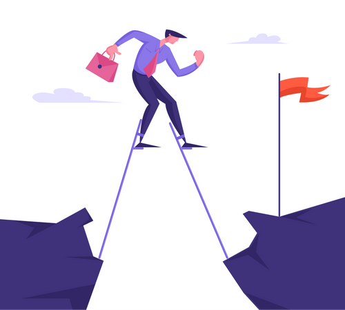 Overcoming Obstacles and Business Competition Concept with Businessman Crossing Abyss on Stilts to Get Red Flag and Achieve Goal. Career Boost and Task Solution. Cartoon Flat Vector Illustration Illustration