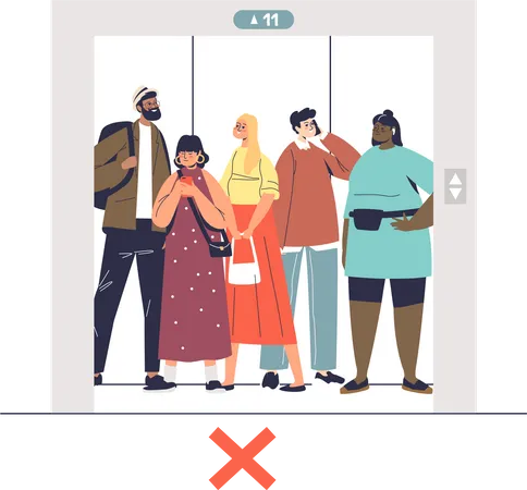 Crowd In Elevator During Covid 19 Epidemic Overcrowded With People In Lift Not Keeping Social Distance And Not Wearing Masks For Protection Cartoon Flat Vector Illustration Illustration