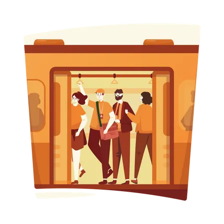 Crowded Scene Of Passengers And Busy People Activities On Train Transportation Flat Illustration Illustration