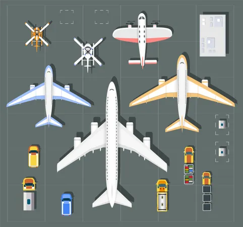 Overhead Point Of View Airport With All The Buildings Planes Vehicles And Airport Runway Illustration