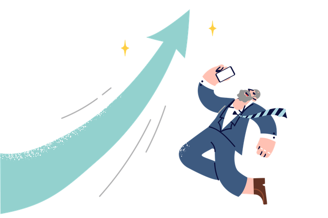 Overjoyed businessman jumps to celebrate growth of company  Illustration