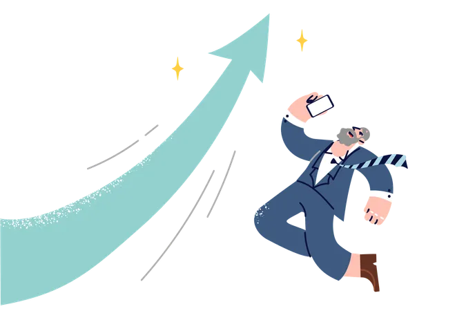 Overjoyed Experienced Businessman Jumps To Celebrate Growth Of Company Stock Capitalization Near Large Up Arrow Elderly Man In Office Clothes Celebrate Receiving SMS Message On Phone Illustration