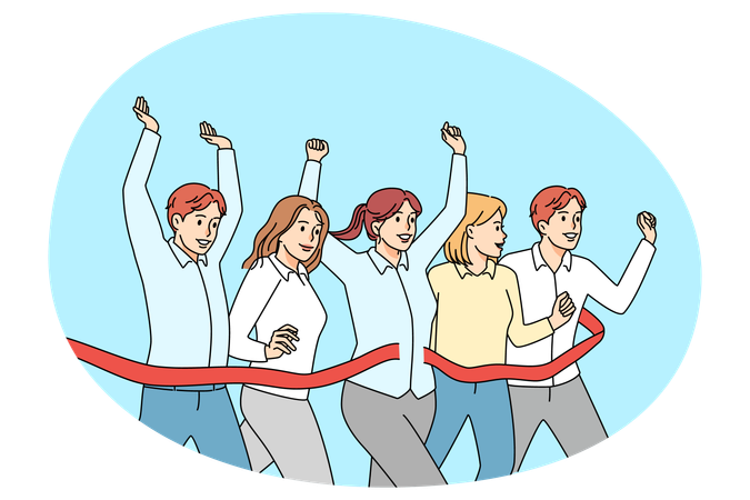 Overjoyed diverse employees cross finish line  Illustration