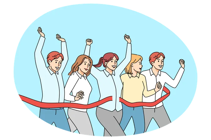 Overjoyed diverse employees cross finish line  Illustration