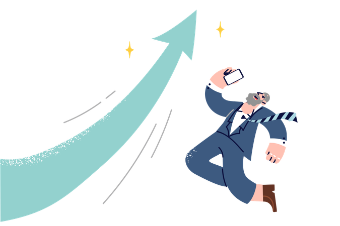 Overjoyed experienced businessman jumps to celebrate growth of company stock capitalization  Illustration