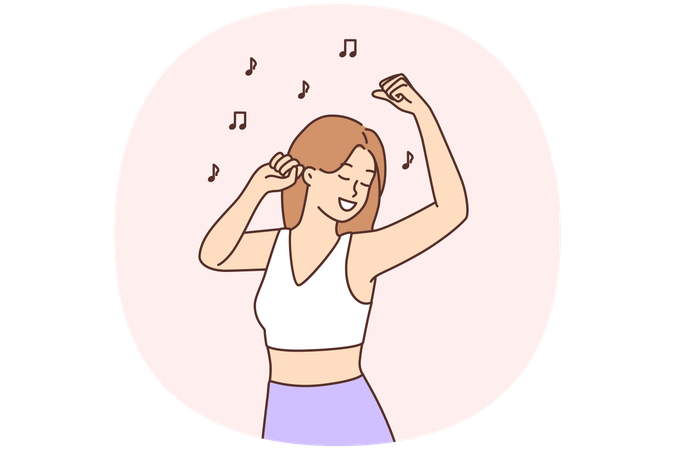 Overjoyed girl have fun dancing listening to nice music  Illustration