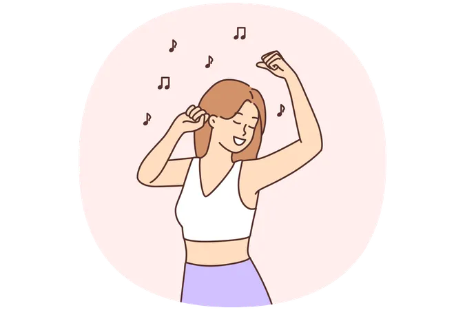 Overjoyed girl have fun dancing listening to nice music  Illustration