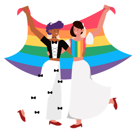 Overjoyed lesbian brides in gowns celebrate wedding together  Illustration
