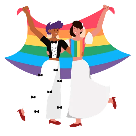 Overjoyed lesbian brides in gowns celebrate wedding together  Illustration