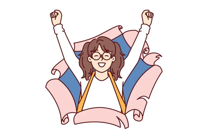 Overjoyed Little Girl From Elementary School With Smile Raises Hands Up Looking Out Of Torn Paper Cheerful Schoolgirl Celebrating Victory In Olympiad Or Good Mark For Lesson By School Teacher Illustration