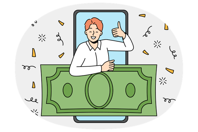 Overjoyed man on cellphone screen show thumb up excited with online money prize  Illustration