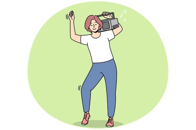 Overjoyed woman dance with stereo on shoulder  Illustration