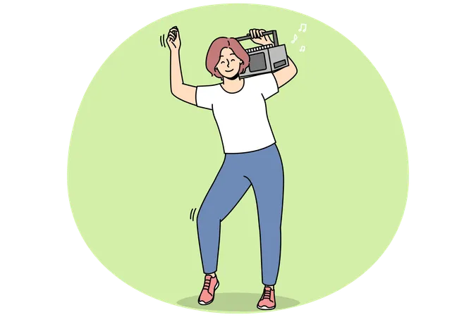 Overjoyed woman dance with stereo on shoulder  Illustration