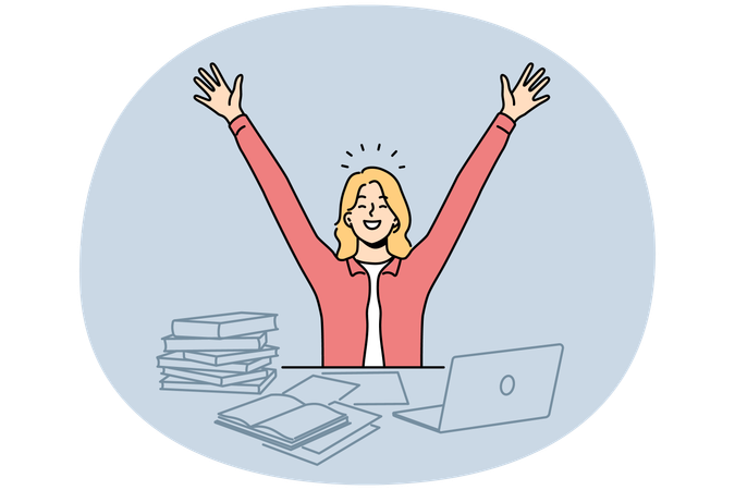 Overjoyed woman excited with finish task on laptop  Illustration