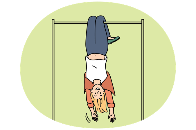 Overjoyed woman hanging upside down on bar  Illustration