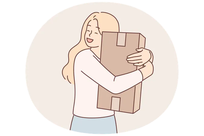 Overjoyed woman hugs cardboard box delivered by courier from online store or postal service  Illustration