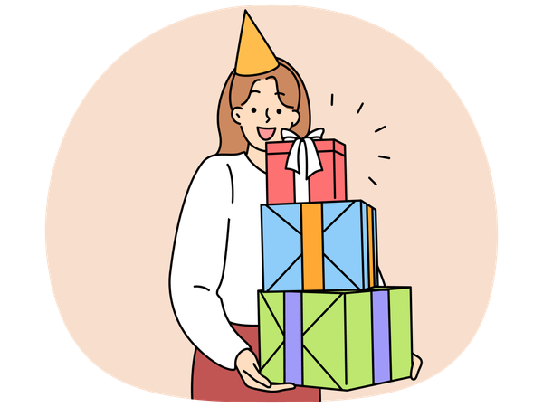 선물 더미를 안고 생일과 기념일을 축하하는 기쁨에 찬 여성  일러스트레이션