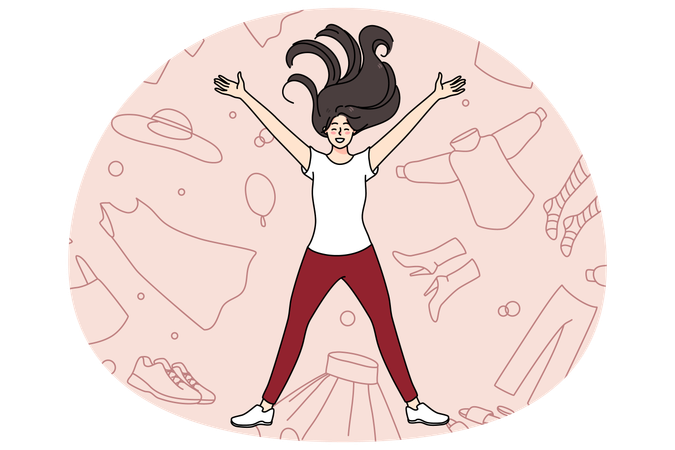 Overjoyed young girl lying among clothes excited with shopping and purchase  Illustration