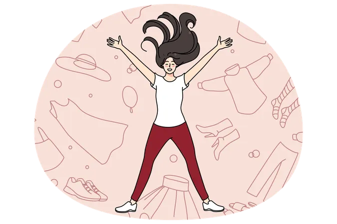Overjoyed young girl lying among clothes excited with shopping and purchase  Illustration