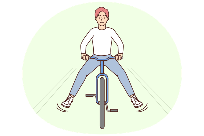 Overjoyed young man riding bike outdoors  Illustration